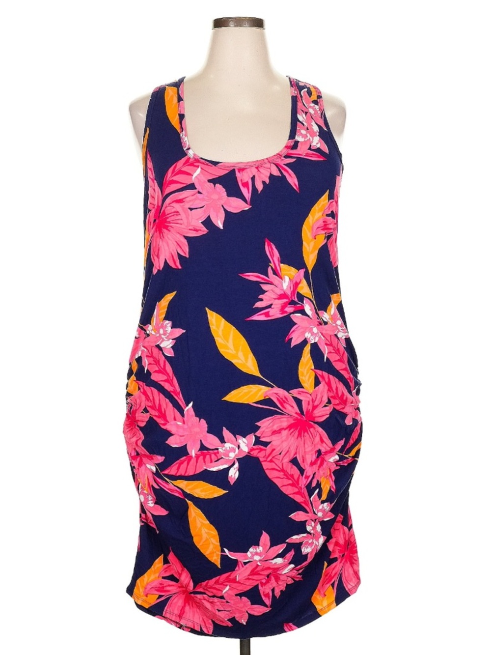 VENUS Navy Floral Casual Dress with Pink & Yellow Leaves